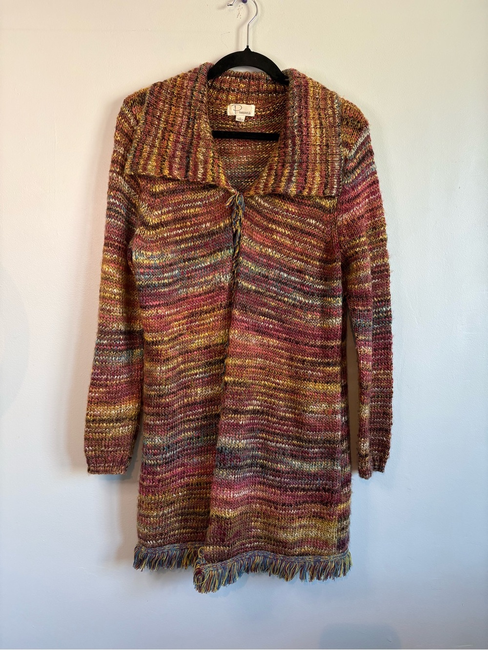 Multicolor Fringe-Hem Knit Cardigan with Fold Collar